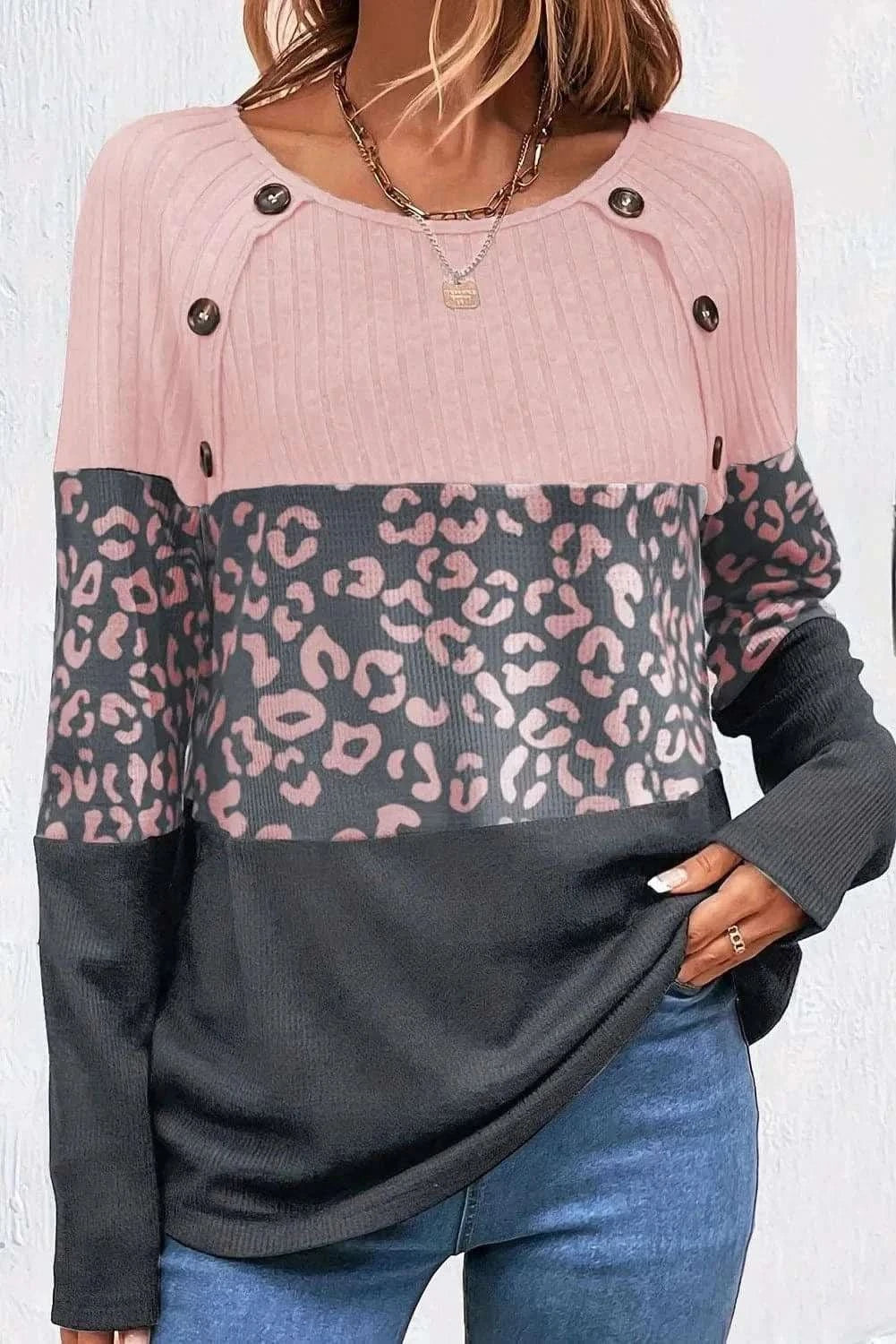 Leopard print long sleeve top with buttons - Love Salve